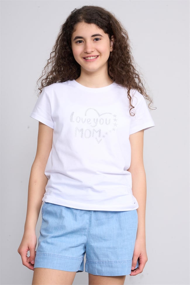 FitClub 32540 Kız Çocuk Bisiklet Yaka Penye Baskılı T-shirt 4-12 Yaş Beyaz