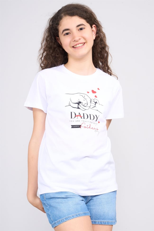 FitClub 32542 Kız Çocuk Bisiklet Yaka Penye Baskılı T-shirt 4-12 Yaş Beyaz-Pembe