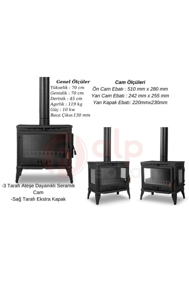 FLAME STOVE Retro Lüx Camlı, Yan Kapak Döküm Soba Şömine (42YK)