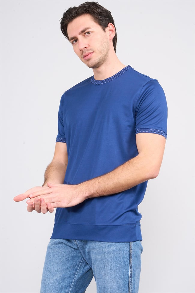 Halifaks A.Lacivert Erkek 12651 Trikolu Bısıklet Yaka Kısa Kol Etek Ribana Interlok T-Shirt