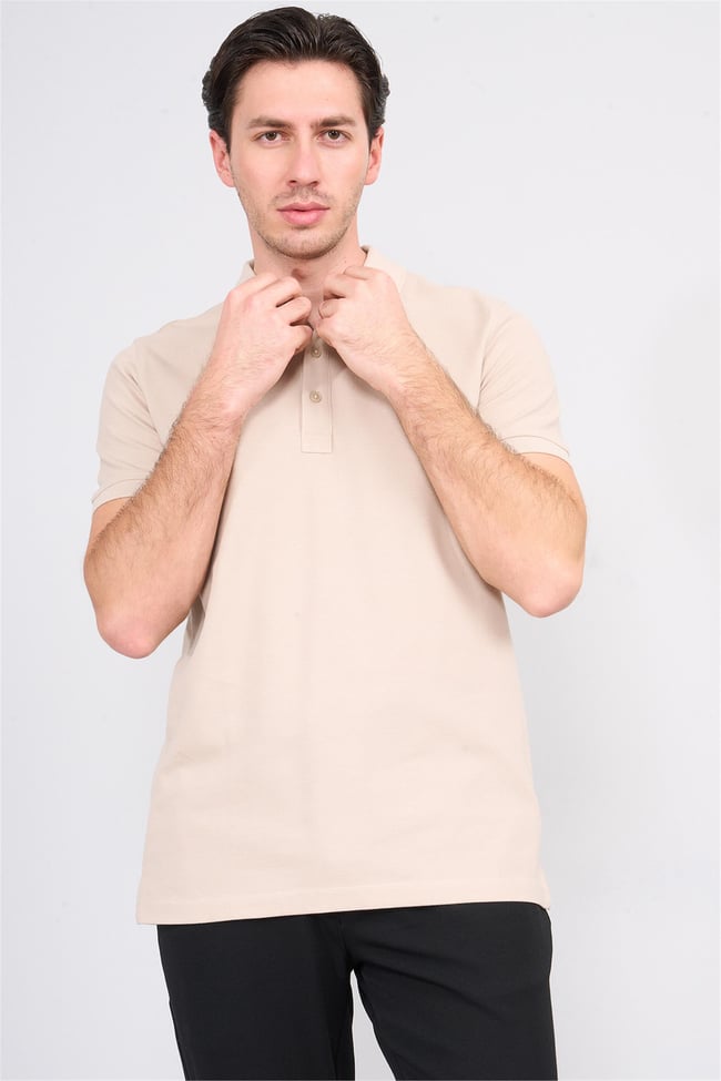 Halifaks Bej Erkek 12696 Düğmeli Eli Polo Yaka Kısa Kol Etek Reçme T-Shirt