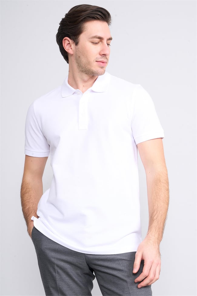 Halifaks Beyaz Erkek 12696 Düğmeli Eli Polo Yaka Kısa Kol Etek Reçme T-Shirt