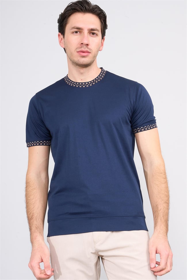 Halifaks Lacivert Erkek 12651 Trikolu Bısıklet Yaka Kısa Kol Etek Ribana Interlok T-Shirt