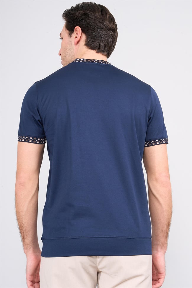 Halifaks Lacivert Erkek 12651 Trikolu Bısıklet Yaka Kısa Kol Etek Ribana Interlok T-Shirt