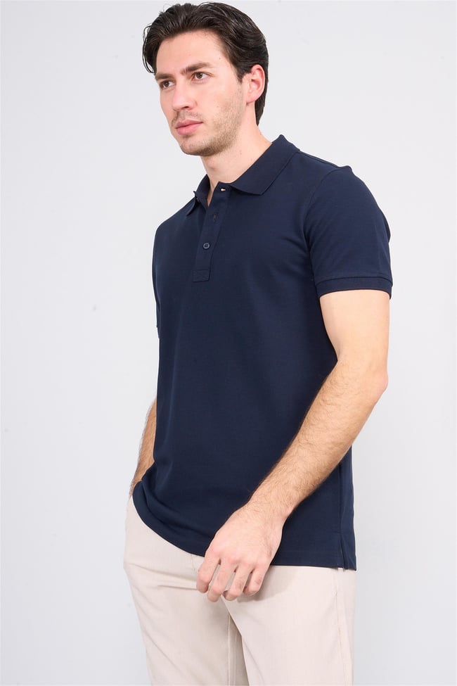 Halifaks Lacivert Erkek 12696 Düğmeli Eli Polo Yaka Kısa Kol Etek Reçme T-Shirt