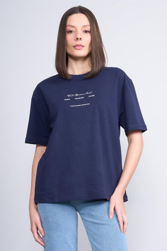 Helly Mb-5832 Lacıvert Kadın Yazılı T-Shırt