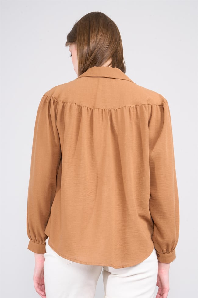 Hısset Y25 A51051 Taba Kadın Buzgulu Keten Gomlek