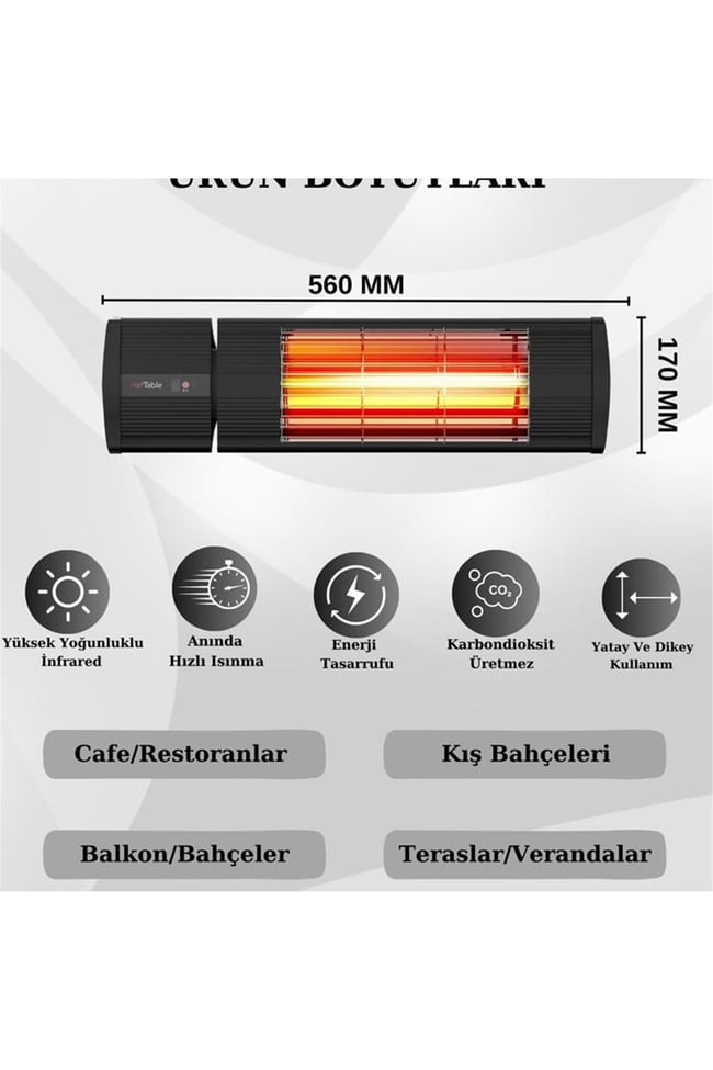 Hottable Supreme Plus Duvar Tipi Dış Mekan İnfrared Isıtıcı 2000 Watt (U.kumandalı 5 kademe Isı ayarı)