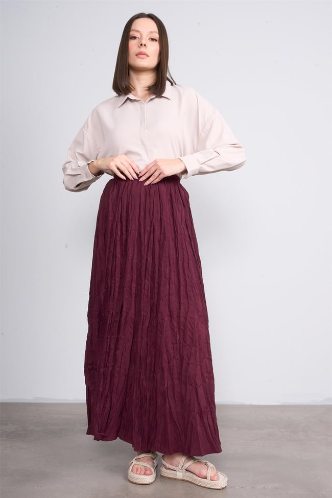 İkoll 0034717 Bordo Kadın Genıs Form Piliseli Etek