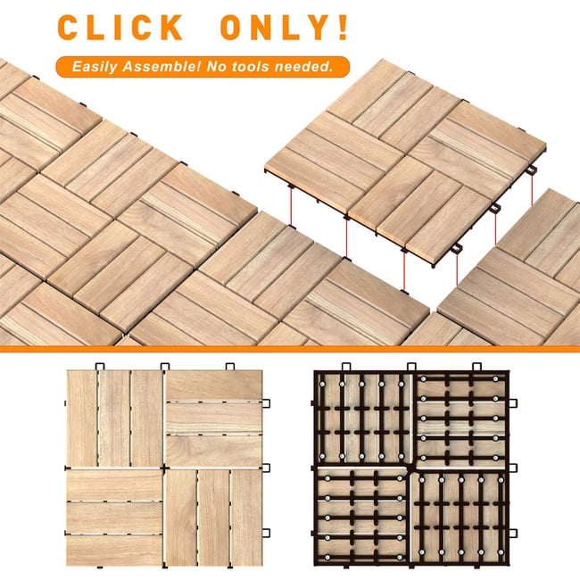 İnterbuild "Gerçek Masif ""Tik"" Ahşap Klasik Kilitli Yer Karosu (12 Slat'lı) 30x30 cm (10'lu Paket) - 675255"