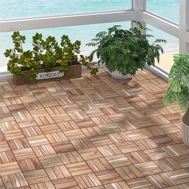 İnterbuild "Gerçek Masif ""Tik"" Ahşap Klasik Kilitli Yer Karosu (12 Slat'lı) 30x30 cm (10'lu Paket) - 675255"
