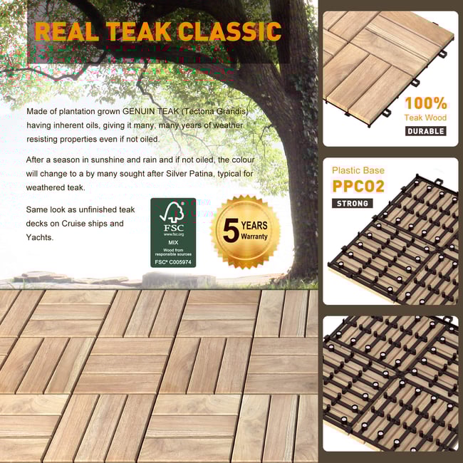 İnterbuild "Gerçek Masif ""Tik"" Ahşap Klasik Kilitli Yer Karosu (12 Slat'lı) 30x30 cm (10'lu Paket) - 675255"