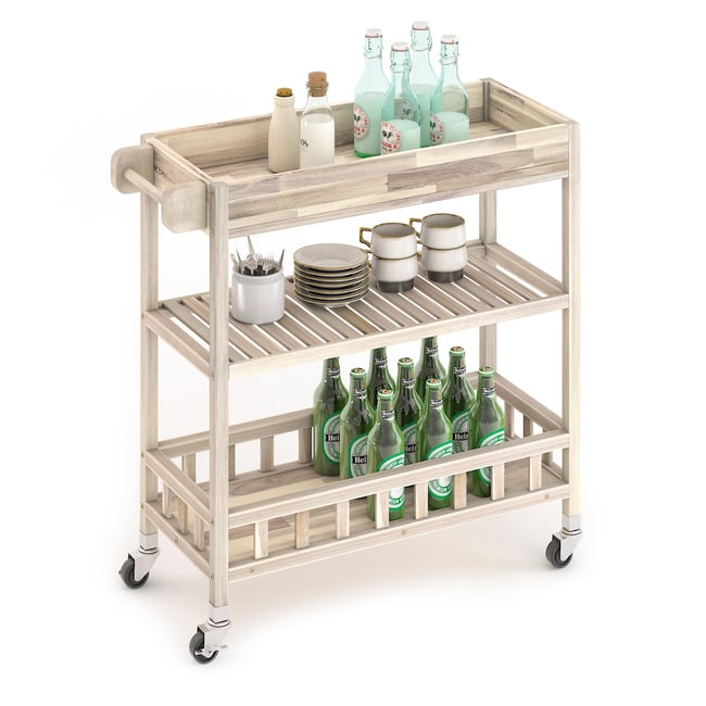 İnterbuild Masif Akasya Ahşap Holger Tepsili Servis Arabası (799x349x850 mm) Organik Beyaz - 675057