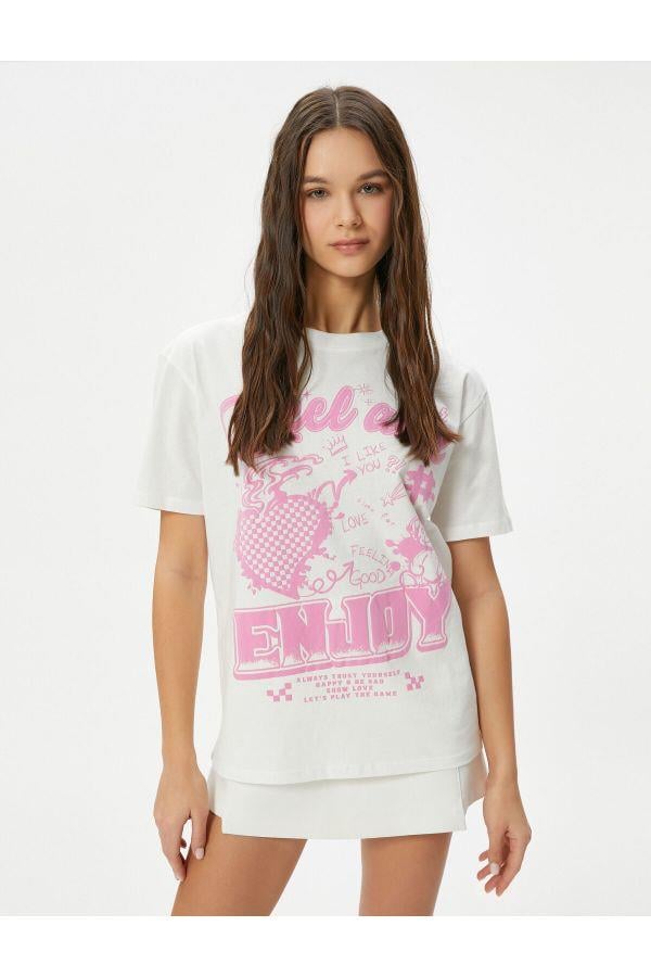 Koton 4Sal10030Ik 010 Ekru Genç Kız Pamuk Jersey Kısa Kollu T-Shirt