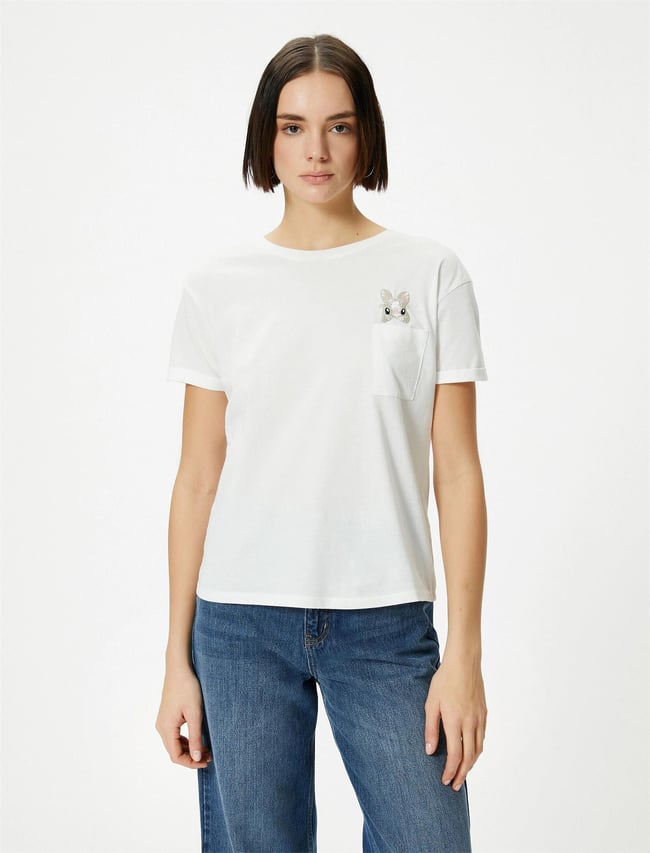 Koton 4Sal10203Ik 010 Ekru Genç Kız Pamuk Jersey Kısa Kollu T-Shirt