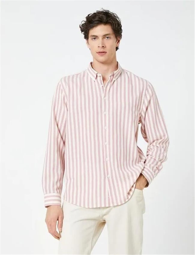 Koton 4Wam60021Hw 0S2 Gri Çizgili Erkek Pamuk Woven Tops Uzun Kollu Gömlek