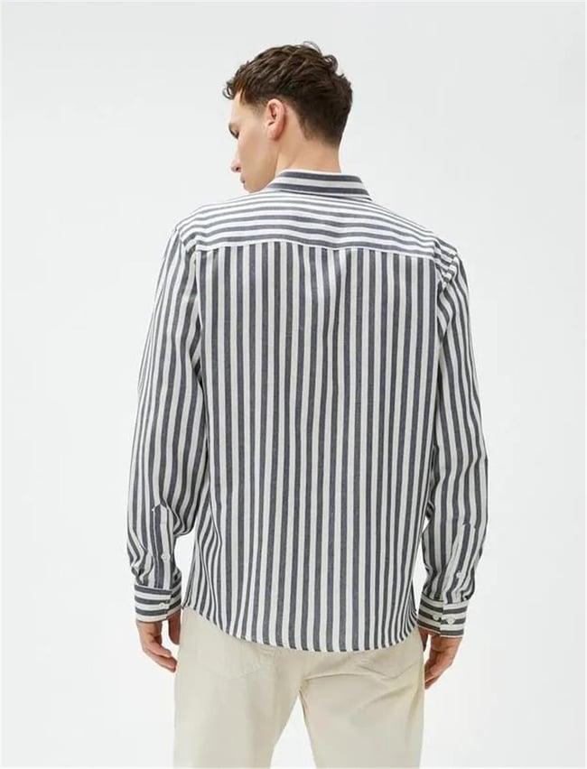 Koton 4Wam60021Hw 7S0 Lacivert Çizgili Erkek Pamuk Woven Tops Uzun Kollu Gömlek