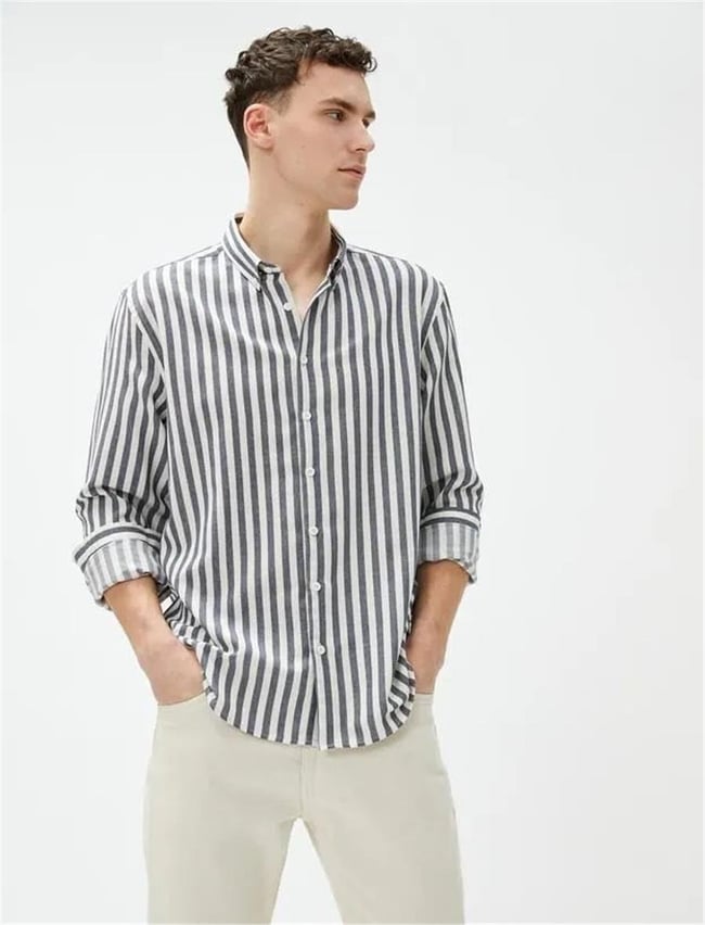 Koton 4Wam60021Hw 7S0 Lacivert Çizgili Erkek Pamuk Woven Tops Uzun Kollu Gömlek