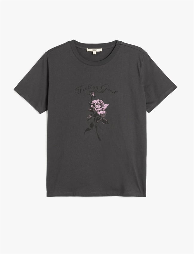 Koton 5Sak50137Ek 931 Antrasıt Kadın Pamuk Jersey T-Shırt
