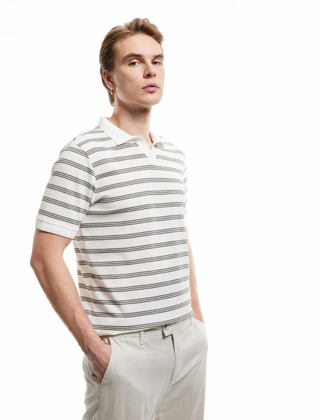 Koton 5Sam10007Mk 8S9 Hakı Cızgılı Erkek Pamuk Jersey Polo T-Shırt