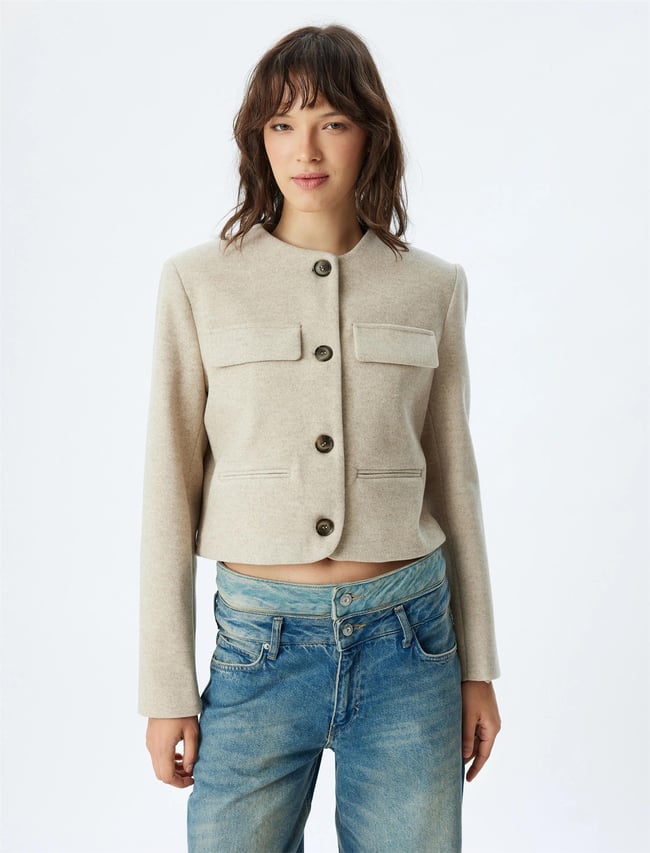 Koton 5Wak20202Ew 565 Vizon Kadın Vıskoz Outerwear Kaşe Ceket