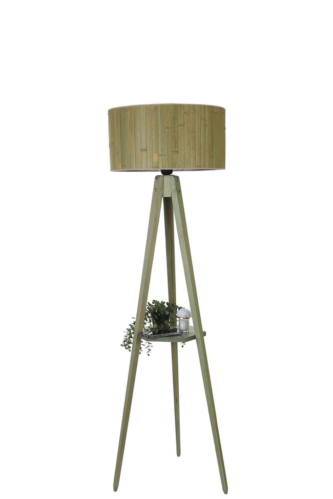 Lumexx Sehbalı Tripod Yeşil Lambader Silindir Bambu 03 Abajurlu