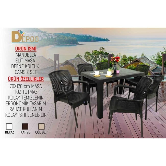 Mandella Elit 70x120 6 Kişilik Defne Koltuk Masa Takımı Eko Kahverengi