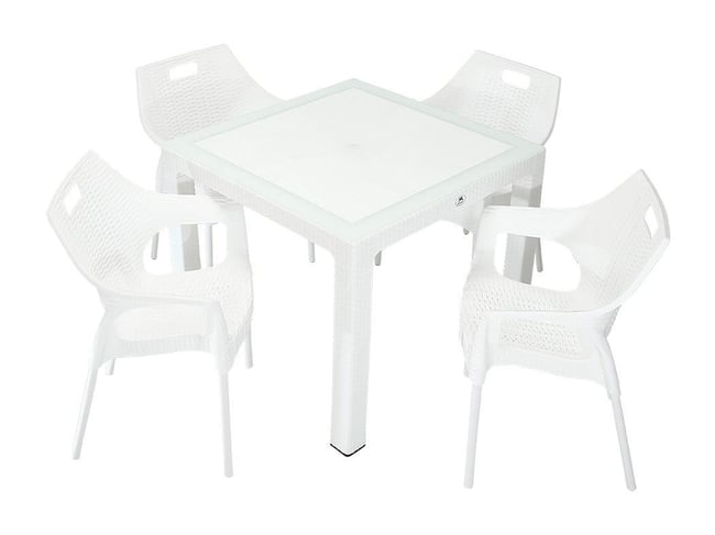 Mandella Elit Rattan 90x90 Star Koltuk Camlı Masa Takımı Beyaz