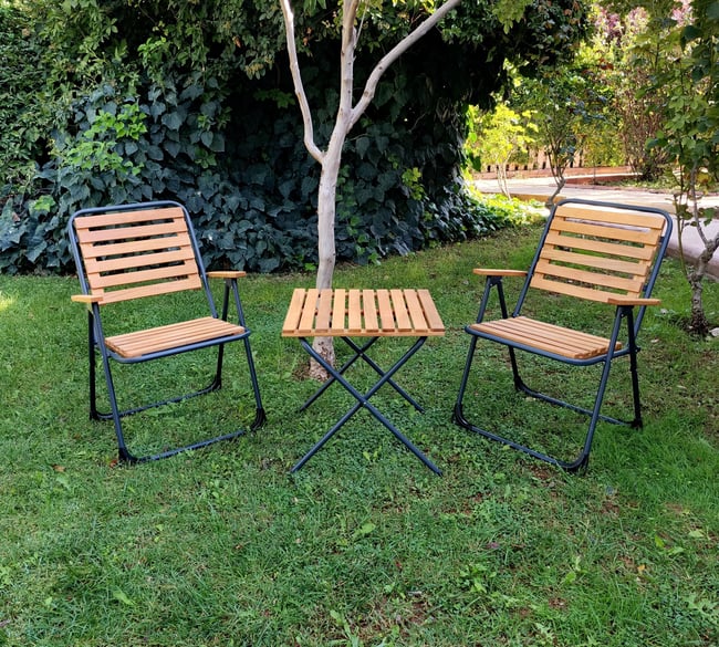 Mandella Metal İskeletli Ahşap Piknik / Bahçe Bistro Set (2 Sandalye + 1 Sehpa)