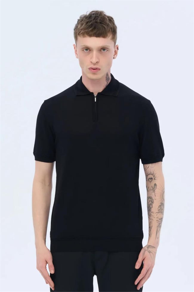 Massımo 66565 Sıyah Erkek Fermuarlı Polo Yaka Trıko T-Shırt