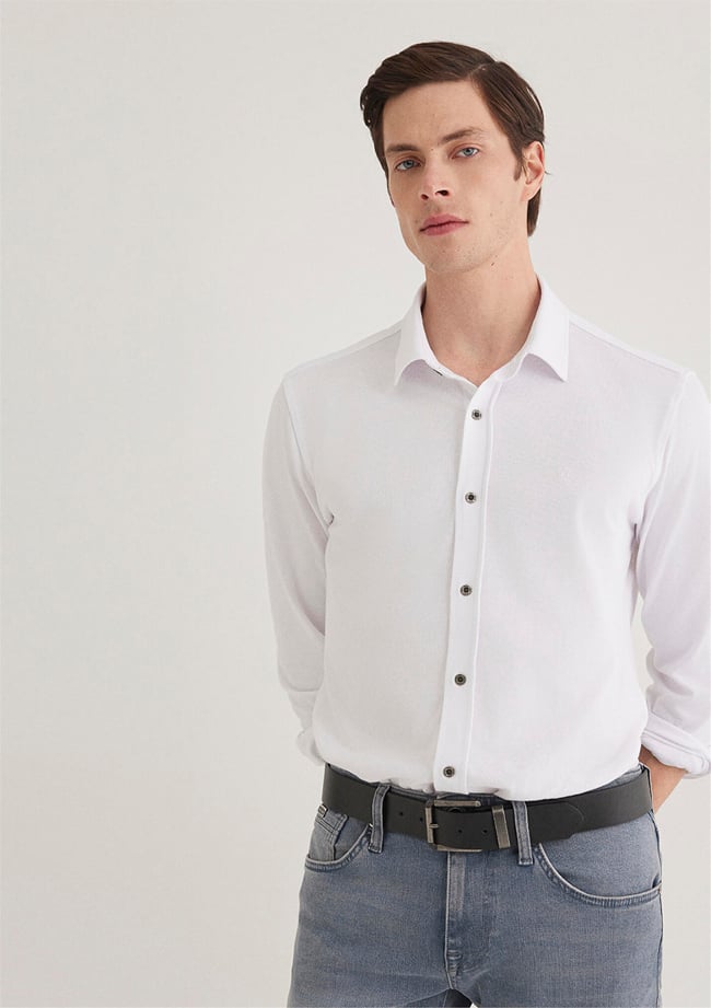 Mavi 021638-620 13 Beyaz Fitted Uzun Kollu Erkek Örme Gömlek