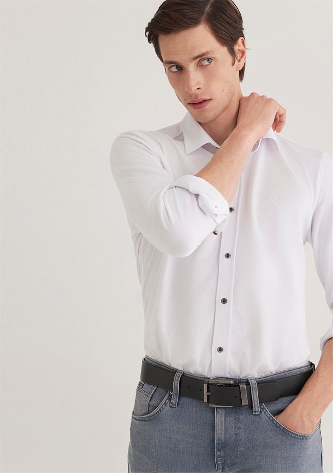 Mavi 021638-620 13 Beyaz Fitted Uzun Kollu Erkek Örme Gömlek