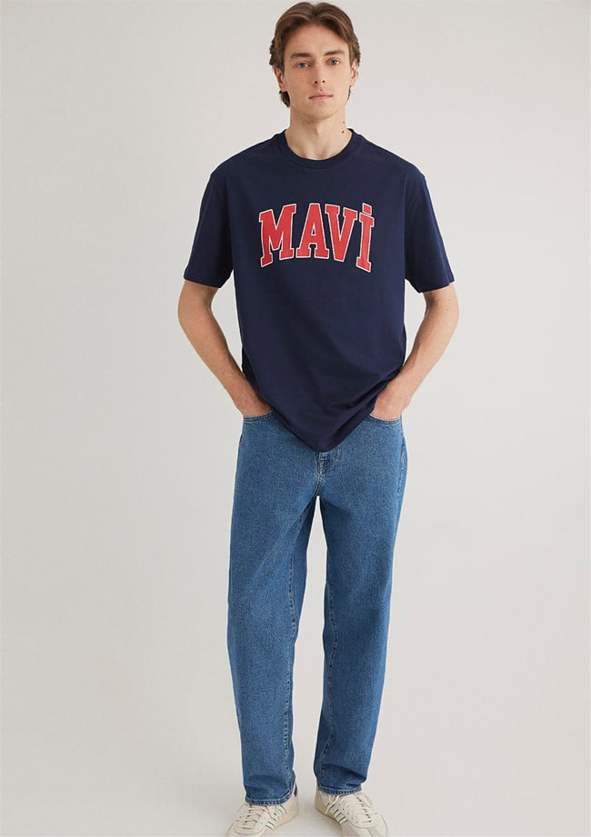Mavı M0611711-84371 Koyu Lacıvert Erkek Loose Mavı Logo Baskılı T-Shırt