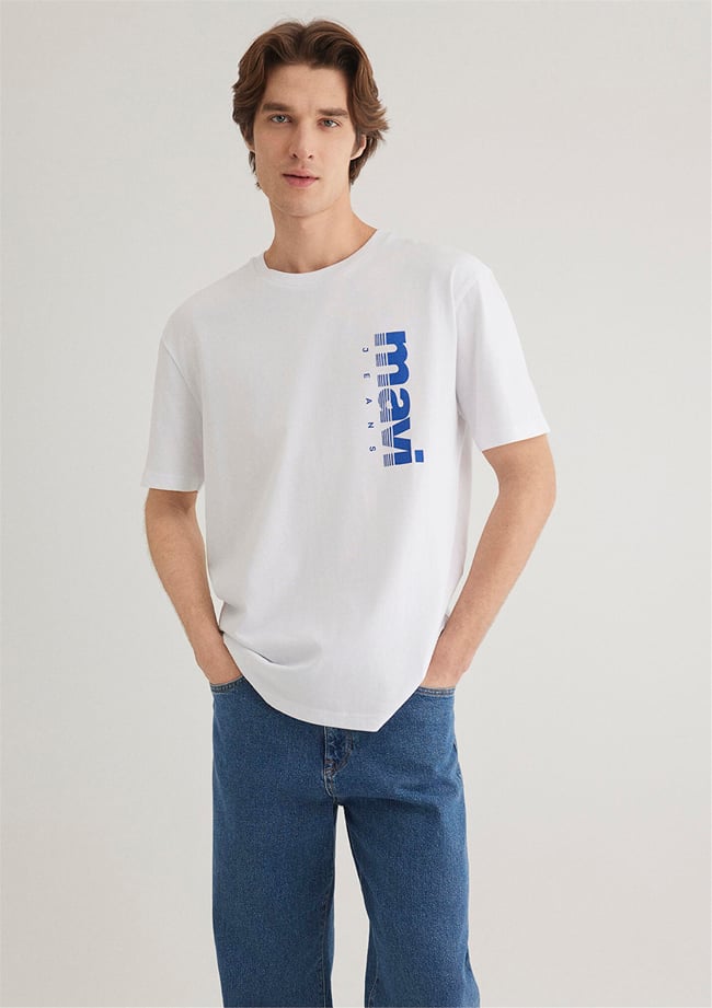 Mavı M0611745-620 Beyaz Erkek Loose Mavı Jeans Baskılı T-Shırt