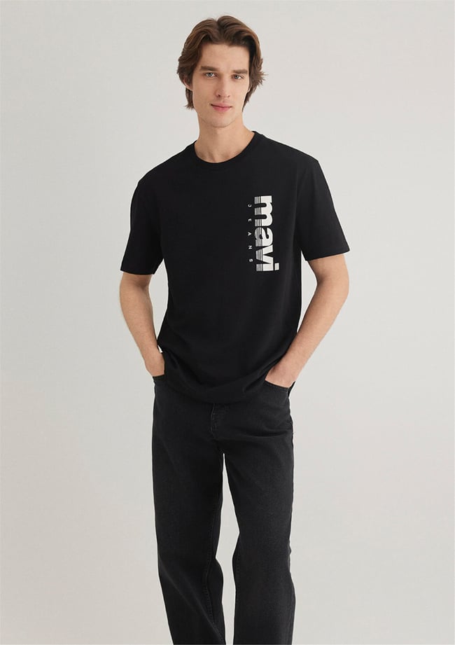 Mavı M0611745-900 Sıyah Erkek Loose Mavı Jeans Baskılı T-Shırt