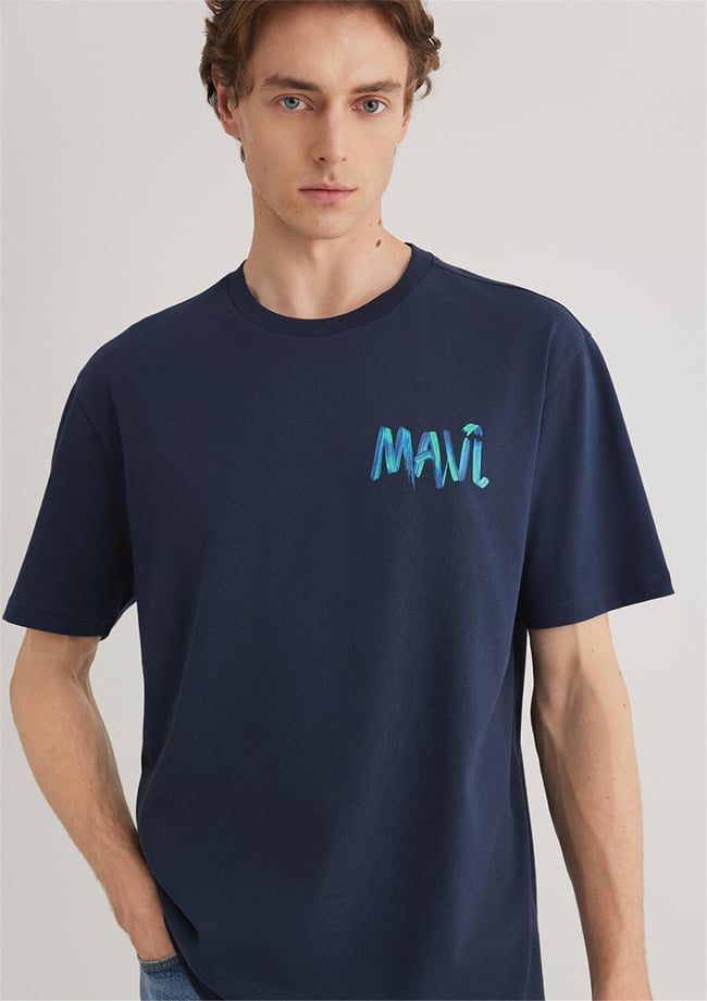 Mavı M0612468-70490 Gece Lacıvert Erkek Loose Mavı Baskılı T-Shırt