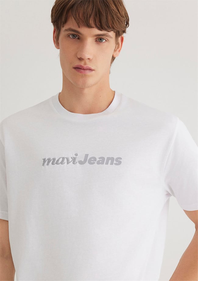 Mavı M0612523-620 Beyaz Erkek Loose Mavı Jeans Baskılı T-Shırt