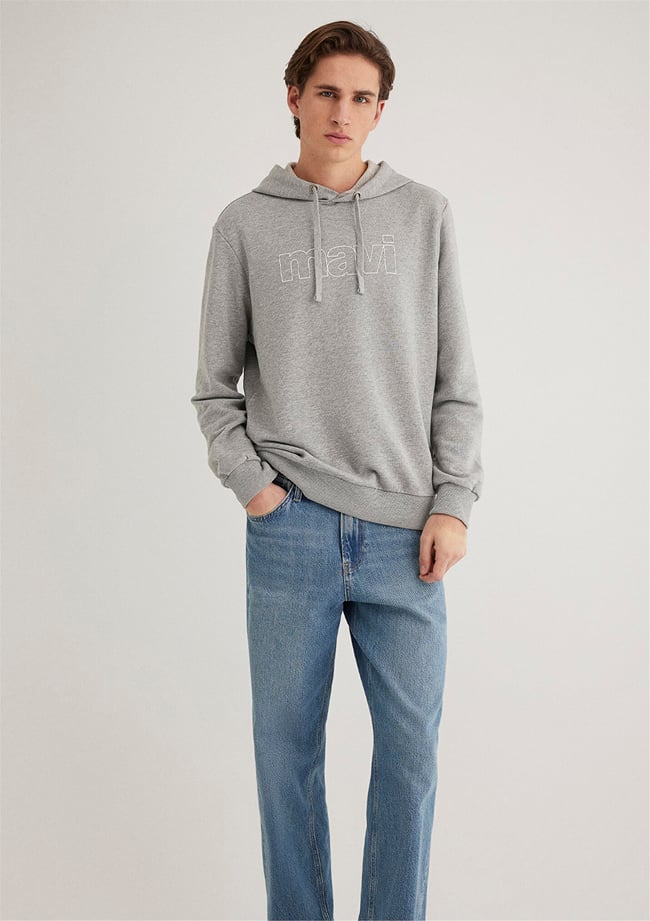 Mavi M065606-28387 Açık Gri Melanj Erkek Regular Mavi Logo Baskılı Kapüşonlu Sweatshirt