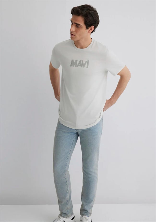 Mavi M066846-70080 Pus Gri Erkek Slim Mavi Baskılı T-Shirt