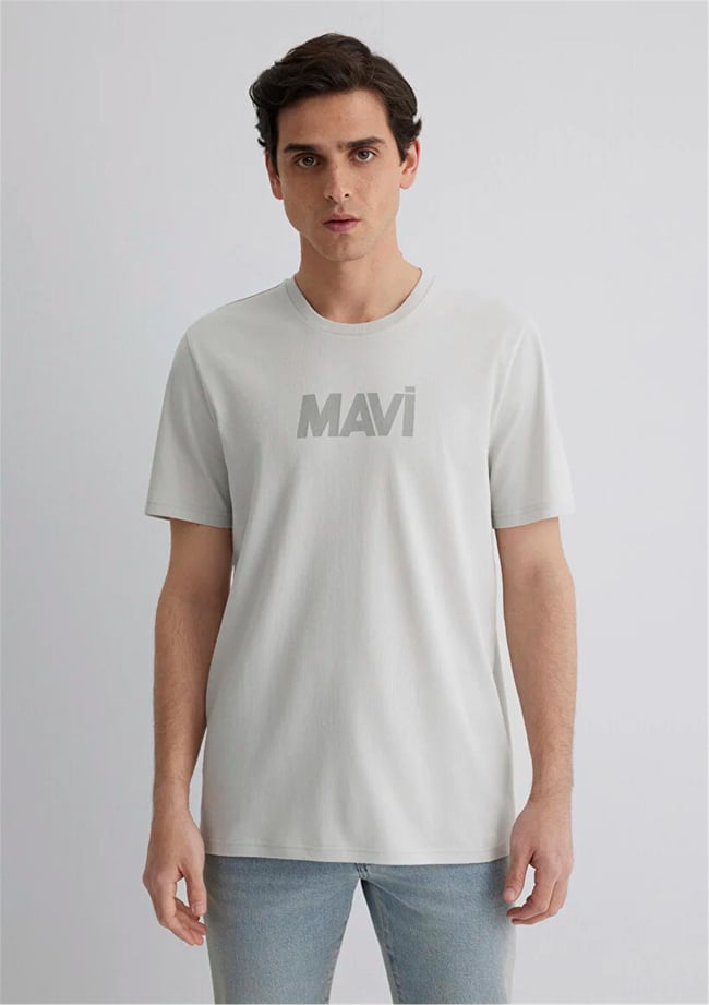 Mavi M066846-70080 Pus Gri Erkek Slim Mavi Baskılı T-Shirt