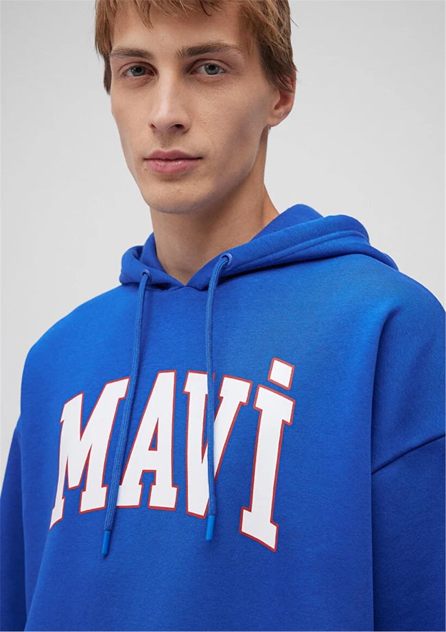 Mavı M067149-70896 Saks Mavı Erkek Oversıze Kapusonlu Mavı Logo Baskılı Sweatshırt