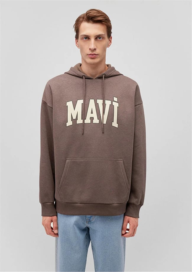 Mavı M067149-87875 Falcon Erkek Oversıze Kapusonlu Mavı Logo Baskılı Sweatshırt