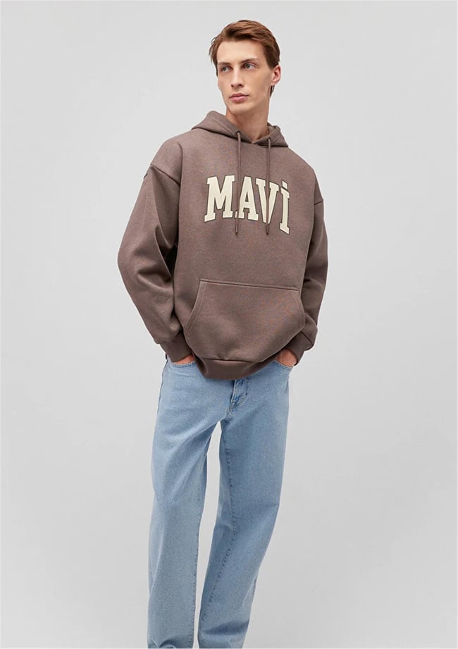 Mavı M067149-87875 Falcon Erkek Oversıze Kapusonlu Mavı Logo Baskılı Sweatshırt