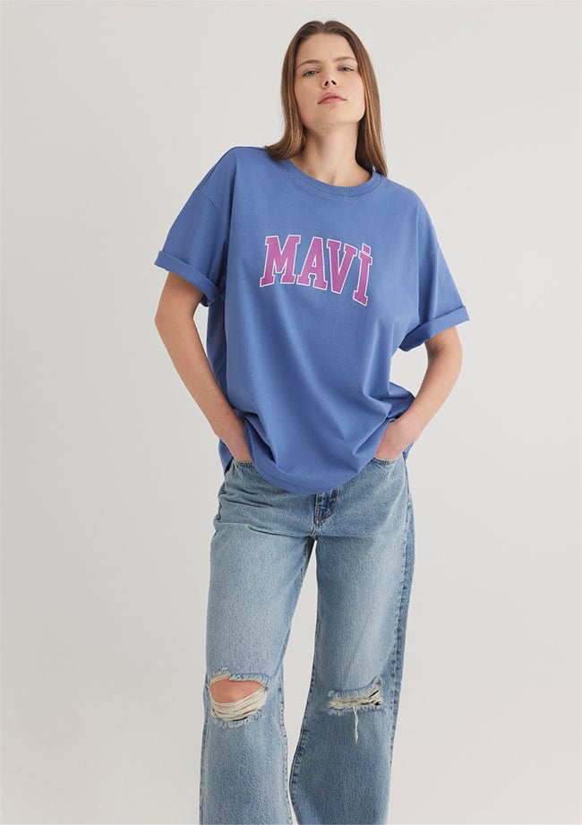 Mavi M1600843-70662 Bleached Denım Kadın Oversıze Mavi Baskılı T-shirt