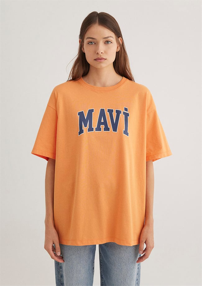 Mavı M1600843-71407 Mock Orange Kadın Oversıze Mavı Baskılı T-Shırt
