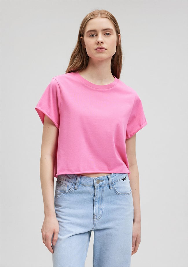 Mavi M168220-71095 Shocking Pink Kadın Crop Yuvarlak Yaka Kısa Kollu Penye T-Shirt