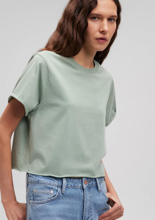 Mavi M168220-71477 Buz Yeşili Kadın Crop Yuvarlak Yaka Kısa Kollu Penye T-Shirt
