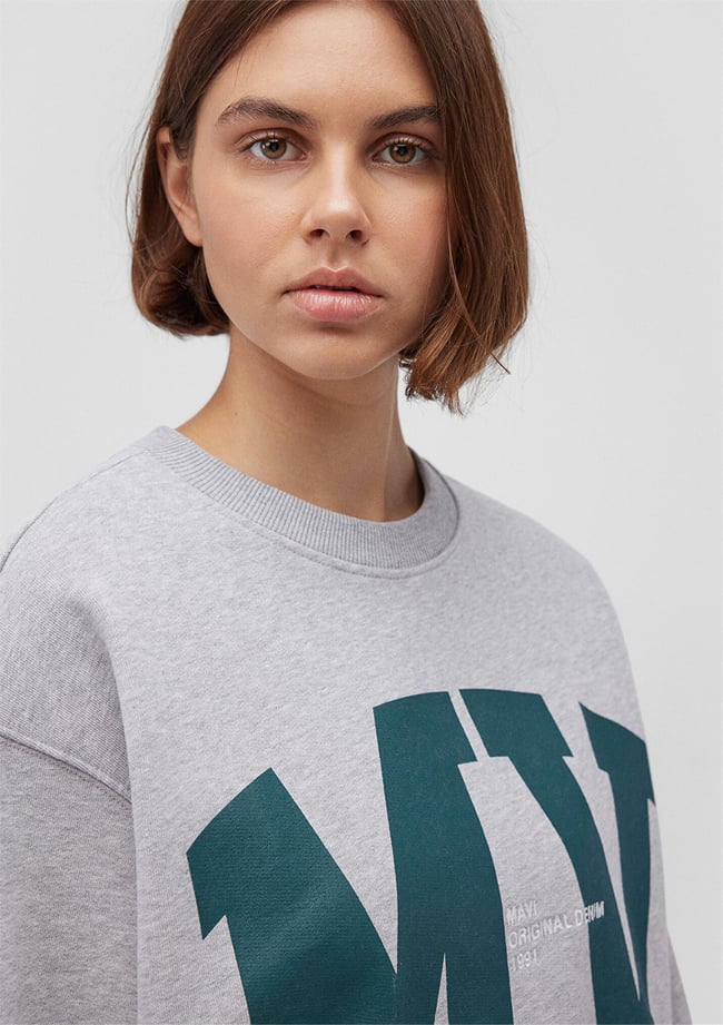 Mavi M1S10147-80196 Acık Gri Melanj Kadın Loose Bısıklet Yaka Logo Sweatshirt