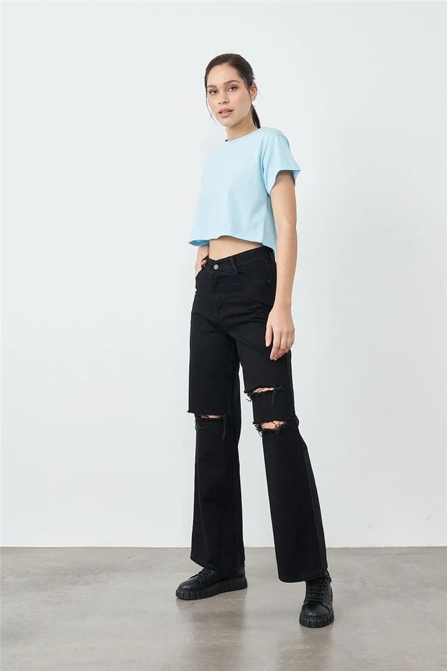 Blue Turtle 1001-1 Siyah Kadın Yırtık Palazzo Bol Paça Pantolon Denim