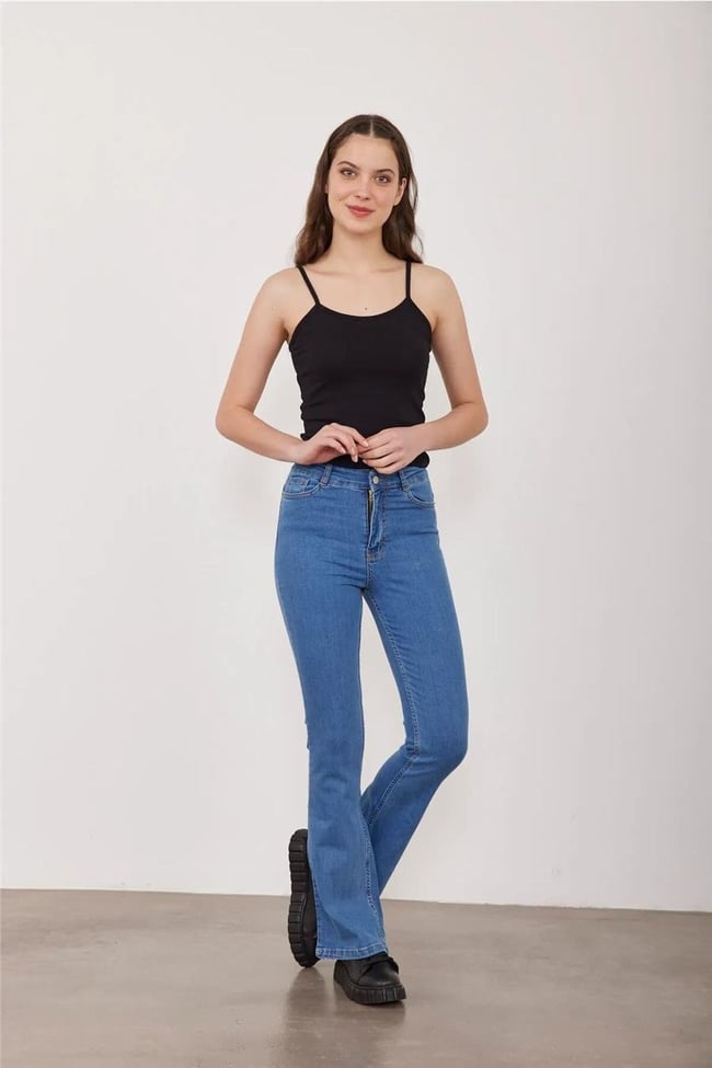 Blue Turtle 5005 Ara Mavi Kadın İspanyol Paça Pantolon Kot Pantolon Denim